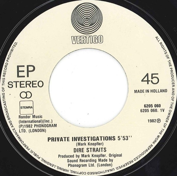 7" | Dire Straits - Private Investigations / Badges, Posters, Stickers and T-shirts