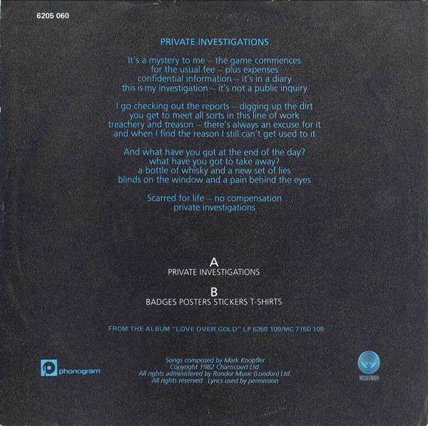 7" | Dire Straits - Private Investigations / Badges, Posters, Stickers and T-shirts