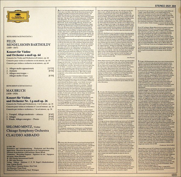 Mendelssohn / Bruch, Shlomo Mintz, Chicago Symphony Orchestra • Claudio Abbado – Violinkonzerte = Violin Concertos