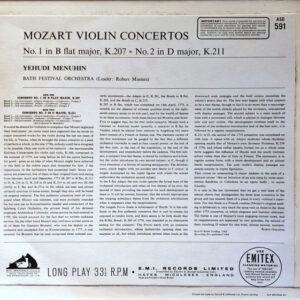 Mozart / Yehudi Menuhin, Bath Festival Orchestra – Mozart Violin Concertos Nos. 1 & 2 - Afbeelding 3
