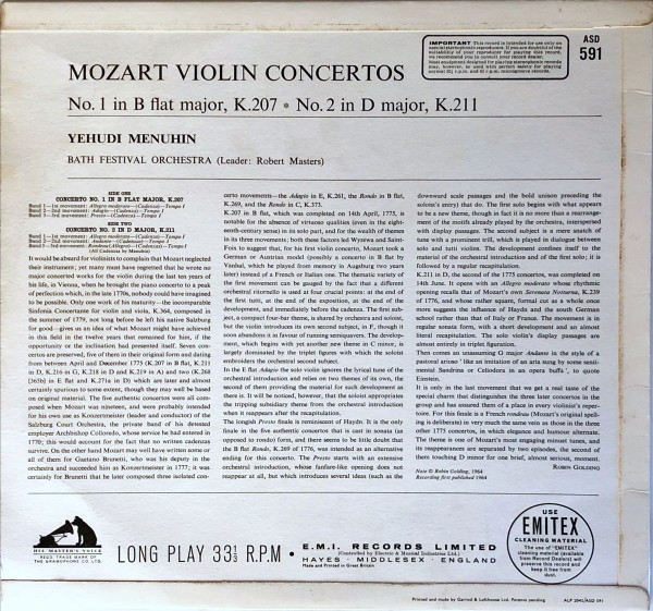 Mozart / Yehudi Menuhin, Bath Festival Orchestra – Mozart Violin Concertos Nos. 1 & 2