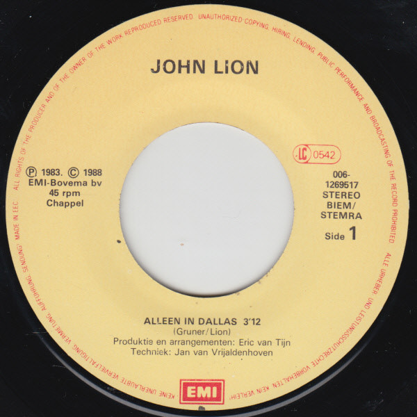 7" | John Lion - Alleen in Dallas / Tussen Wind en Water
