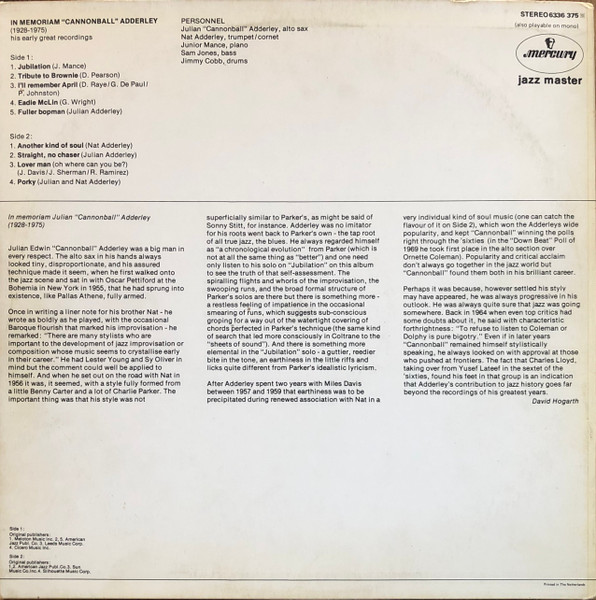 Cannonball Adderly - In Memoriam Cannonball Adderly, his early recordings