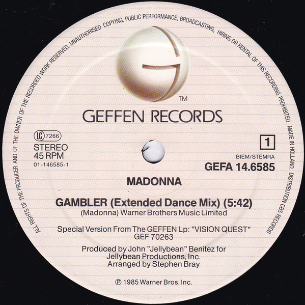 12" | Madonna - Gambler (extended remix) / Gambler (instrumental) / Nature of the Beach