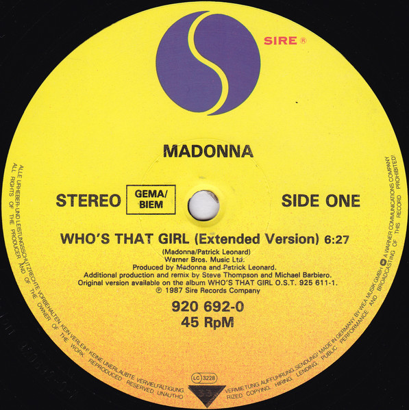 12" | Madonna - Who's That Girl (extended version) / White Heat