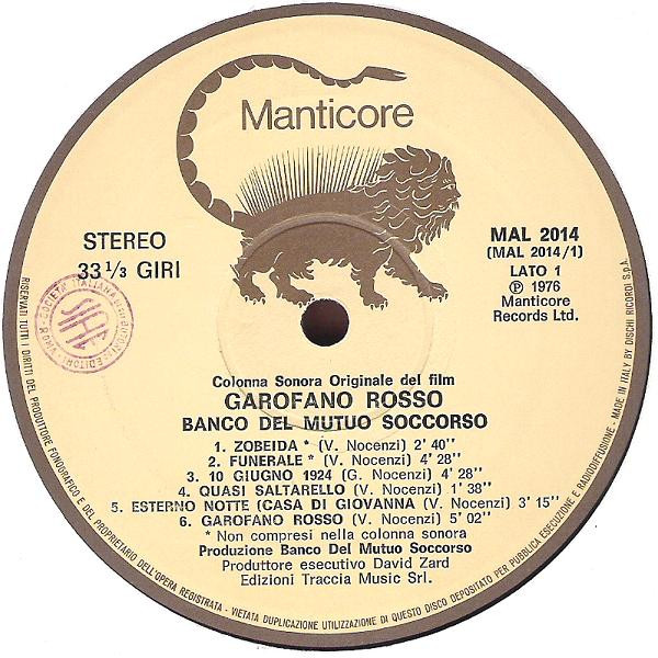 Banco del Mutuo Soccorso - Colonna Sonora Originale del Film Carofano Rosso