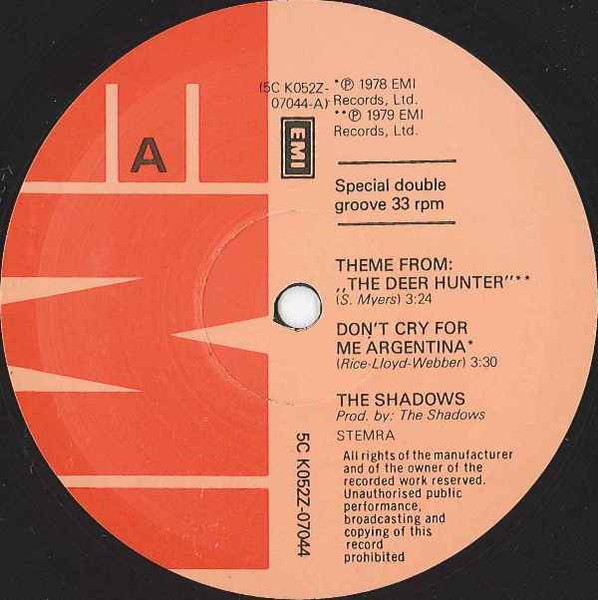 12" | The Shadows - Theme from the Deerhunter / Don't Cry for me Argentina / Bermuda Triangle