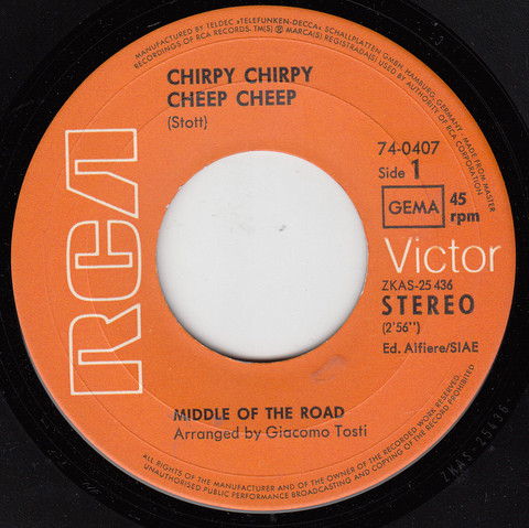 7" | Middle of the Road - Chirpy Chirpy Cheep Cheep / Rainin' 'N Painin'