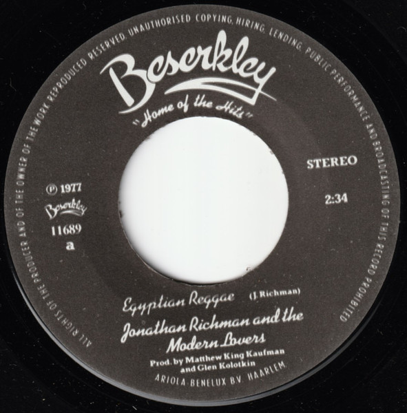 7" | Jonathan Richman and the Modern Lovers - Egyptian Reggae / Roller Coaster by the Sea