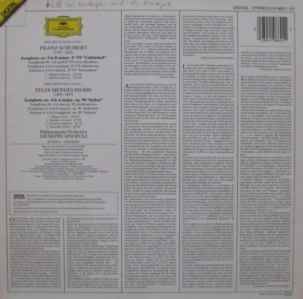 Schubert, Mendelssohn, Philharmonia Orchestra, Giuseppe Sinopoli - Symphonie No.8 "Unvollendete" / Symphonie No.4 "Italienische"