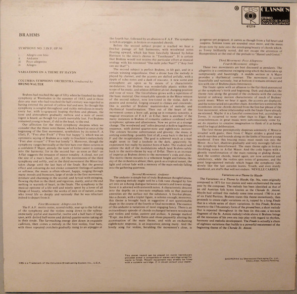 Brahms, Bruno Walter, Columbia Symphony Orchestra – Symphony No.3 / Variations On A Theme By Haydn