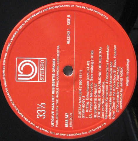 Mahler, Residentie Orkest, Hans Vonk, Jard Van Nes  – Symphony 3. (2 LP)