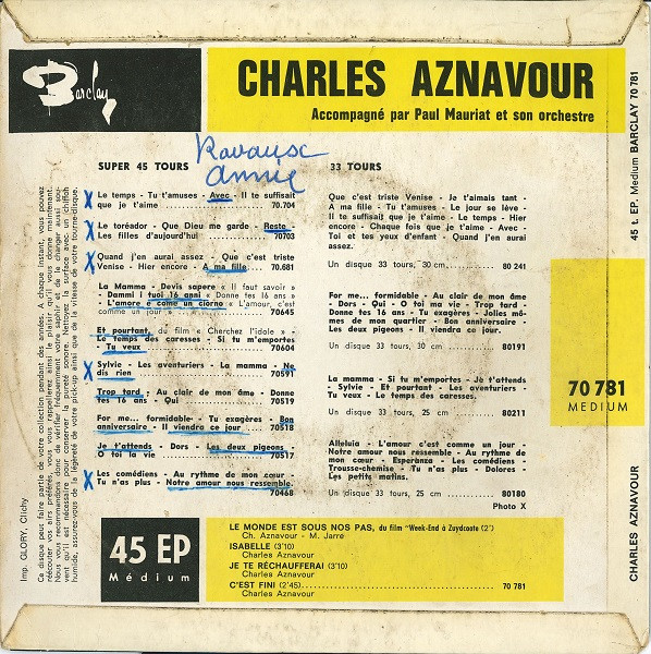 7" | Charles Aznavour - Le Monde est Sous non pas / Isabelle / Je te Rechaufferai / C'est Fini