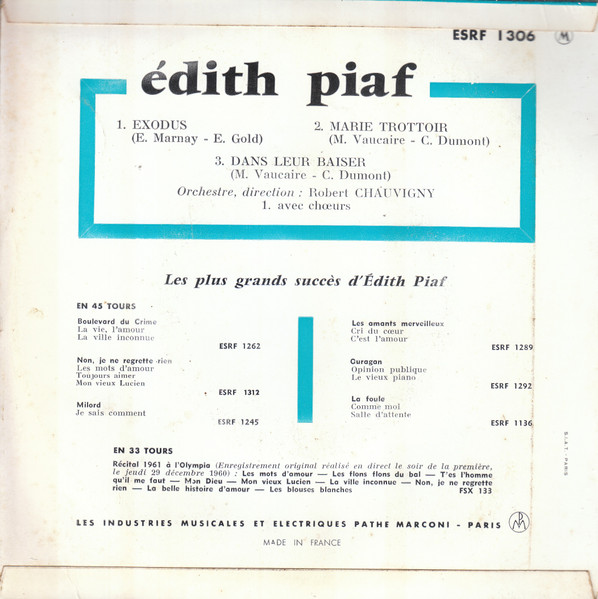 7" | Edith Piaf - Exodus / Marie Trottoir / Dans leur Baisser