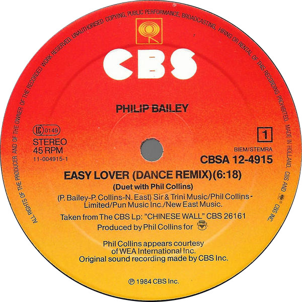 12"| Philip Baily with Phil Collins - Easy Lover (extended dance remix)