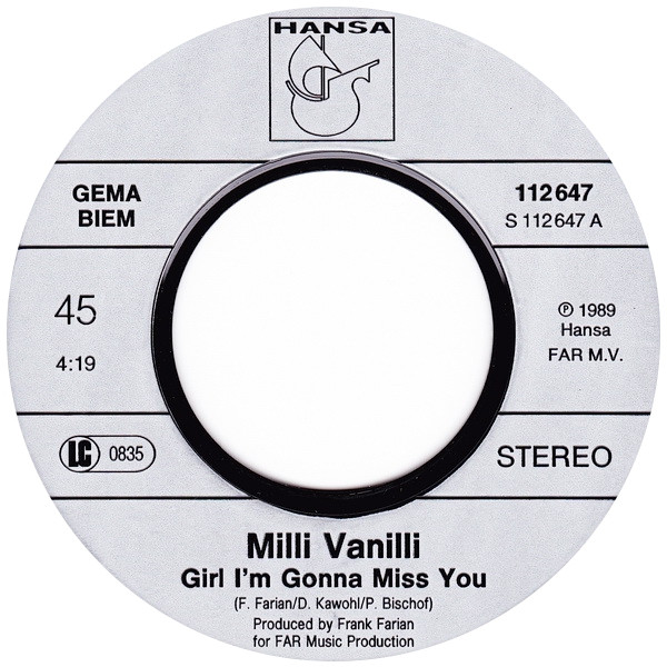 7" | Milli Vanilli - Girl I'm Gonna MIss You / Can't You Feel My Love
