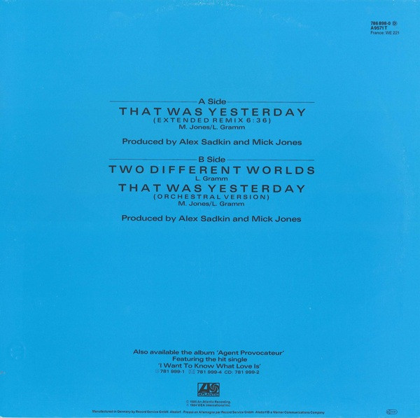 12" | Foreigner - That was only Yesterday (ext. remix)
